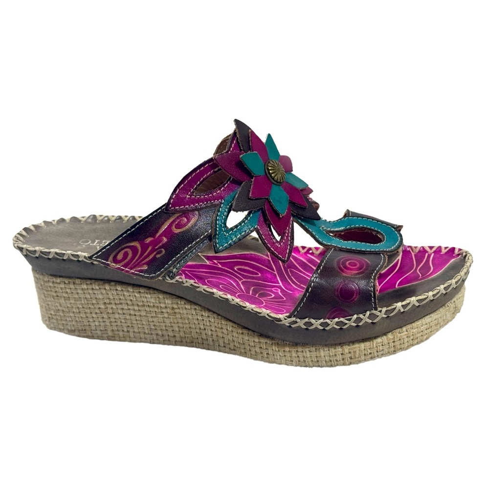 Via Veneto Women’s St. Martin Gray Purple Teal Leather Wedge Sandal Size 7